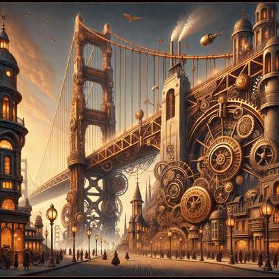 The primary subject of the image is a large, intricate clock tower with a bridge in the background. The setting is a city street with a bridge and a clock tower. The visual style is a combination of digital art and illustration, creating a unique and detailed scene. The colors and mood of the image are predominantly dark, with a focus on the clock tower and the bridge, giving the scene a mysterious and captivating atmosphere.